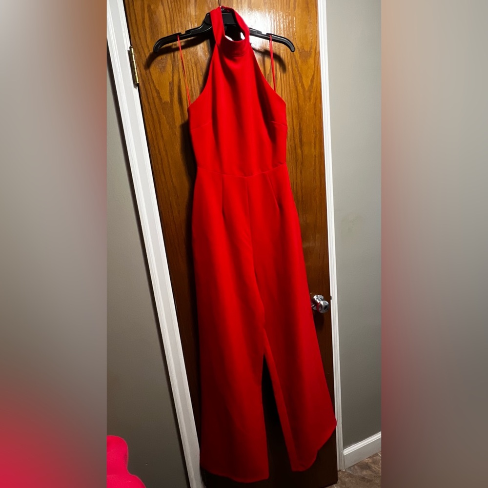 Sugar Lips Bright‎ Red After Hours Backless Halter Jumpsuit with Pockets Size S